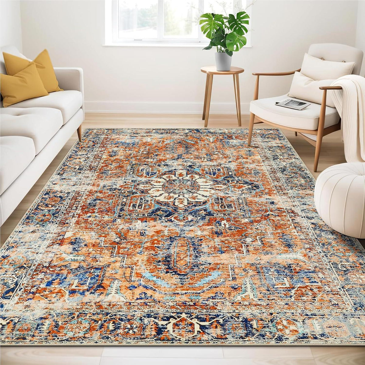 Boho Teppich Wohnzimmer 140x200cm – Orange, Kurzflor & Rutschfest