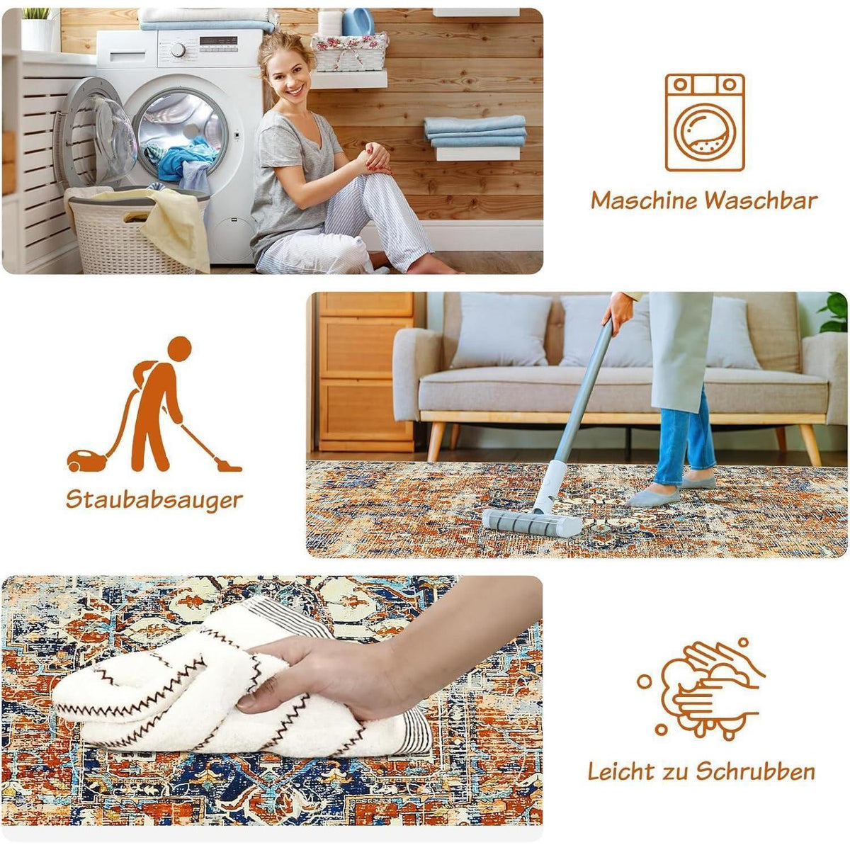 Boho Teppich Wohnzimmer 140x200cm – Orange, Kurzflor & Rutschfest