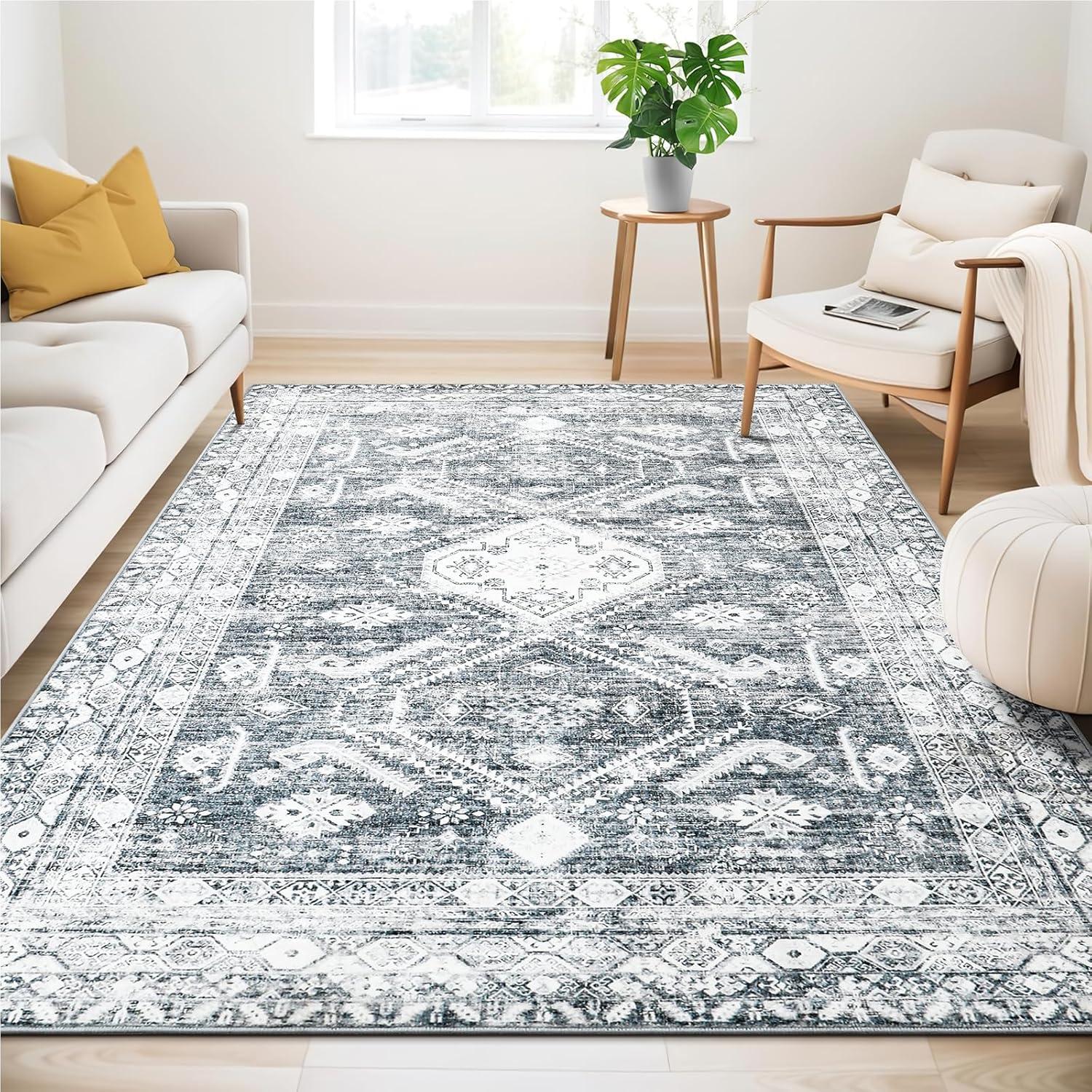 Vintage Kurzflor Teppich Wohnzimmer Schlafzimmer 140 x 200 cm Grau