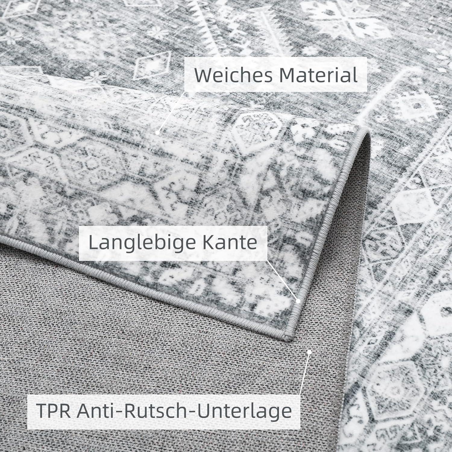 Teppich Vintage Kurzflor Rutschfest Grau 140 x 200cm waschbar