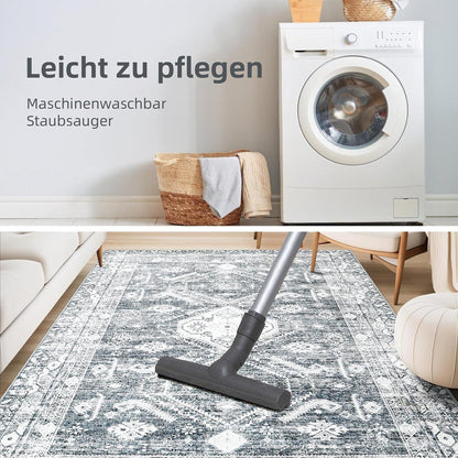 Teppich Vintage Kurzflor 140x200cm Groß Rutschfest Waschbar Grau