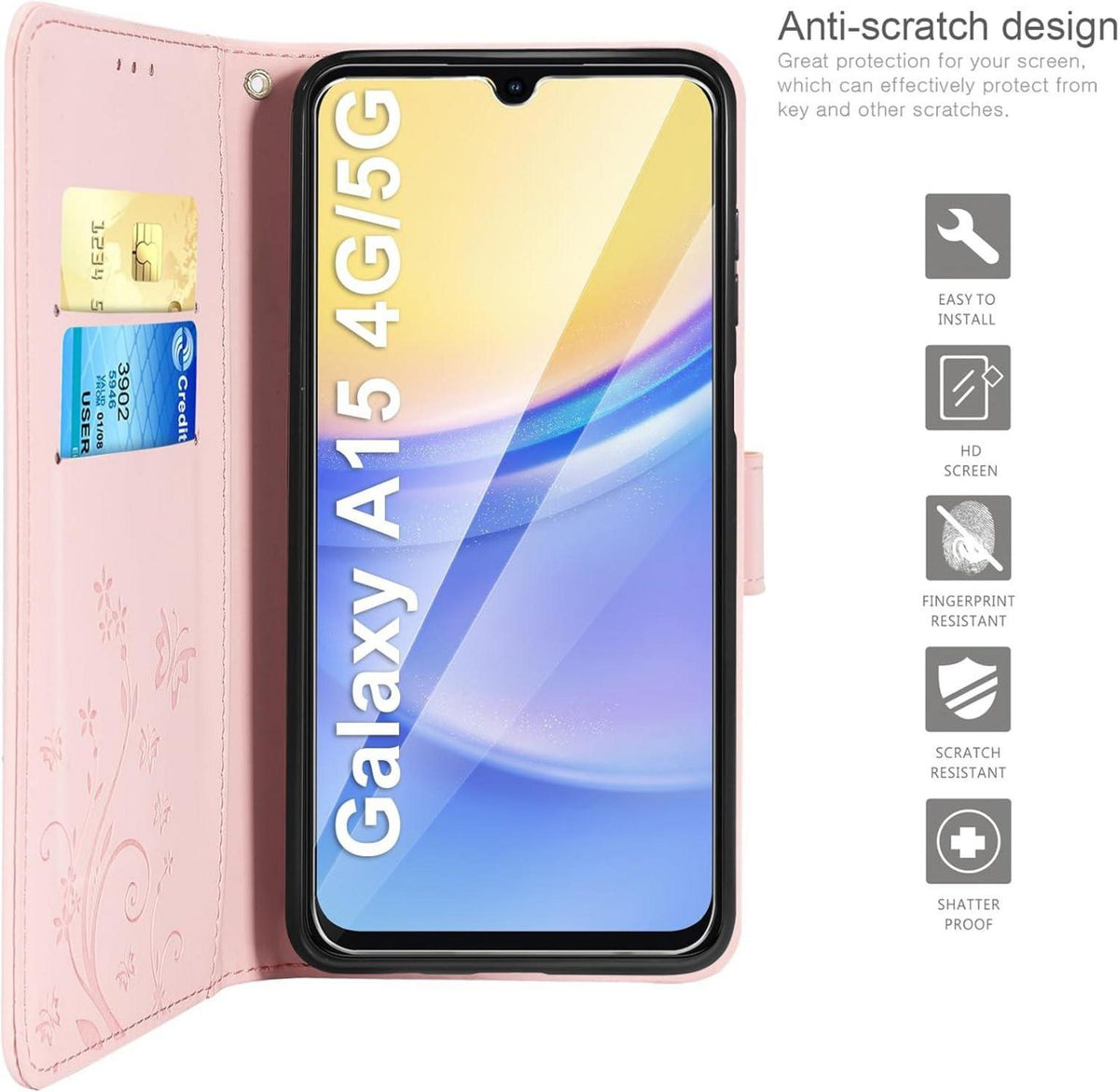 Lederhülle Samsung Galaxy A15 5G/4G Wallet Schutzhülle 360 Grad
