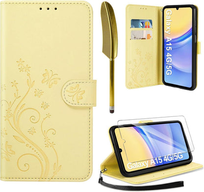 Lederhülle für Samsung Galaxy A15 5G/4G Gelb Flip Wallet Magnetisch