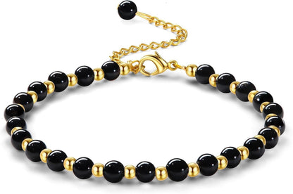 Perlen Armband Damen Naturstein Edelstahl Verstellbar Schwarz