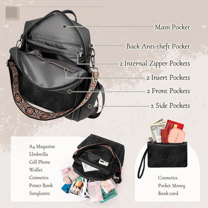 Damen Rucksack 3-in-1 wasserdicht, leicht, schwarz