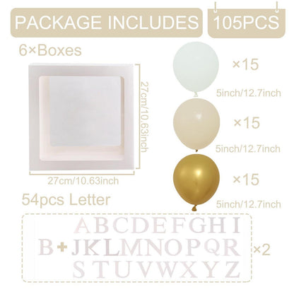 Babyparty Deko Set: 6 Ballonboxen, Buchstaben & 45 Ballons