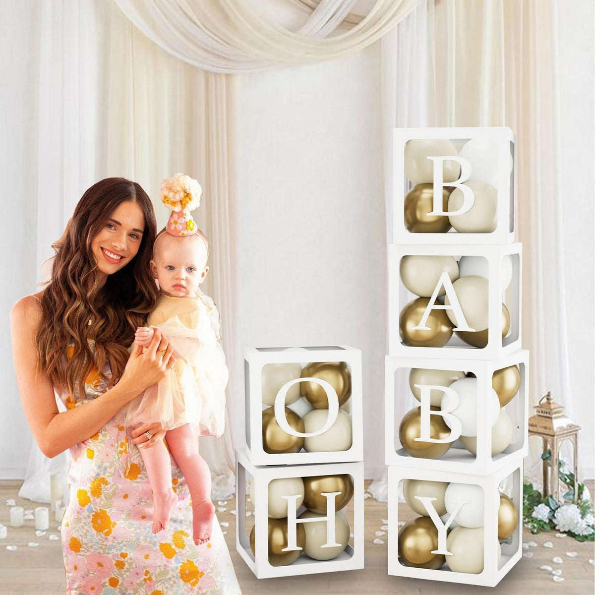 Babyparty Deko Set: 6 Ballonboxen, Buchstaben & 45 Ballons