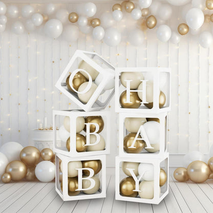 Babyparty Deko Set: 6 Ballonboxen, Buchstaben & 45 Ballons