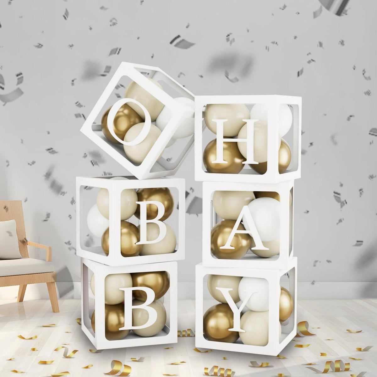 Babyparty Deko Set: 6 Ballonboxen, Buchstaben & 45 Ballons