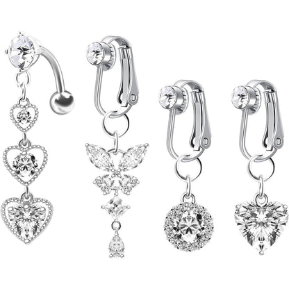 Fake Bauchnabelpiercing Set mit Schmetterling & Herz Anhänger