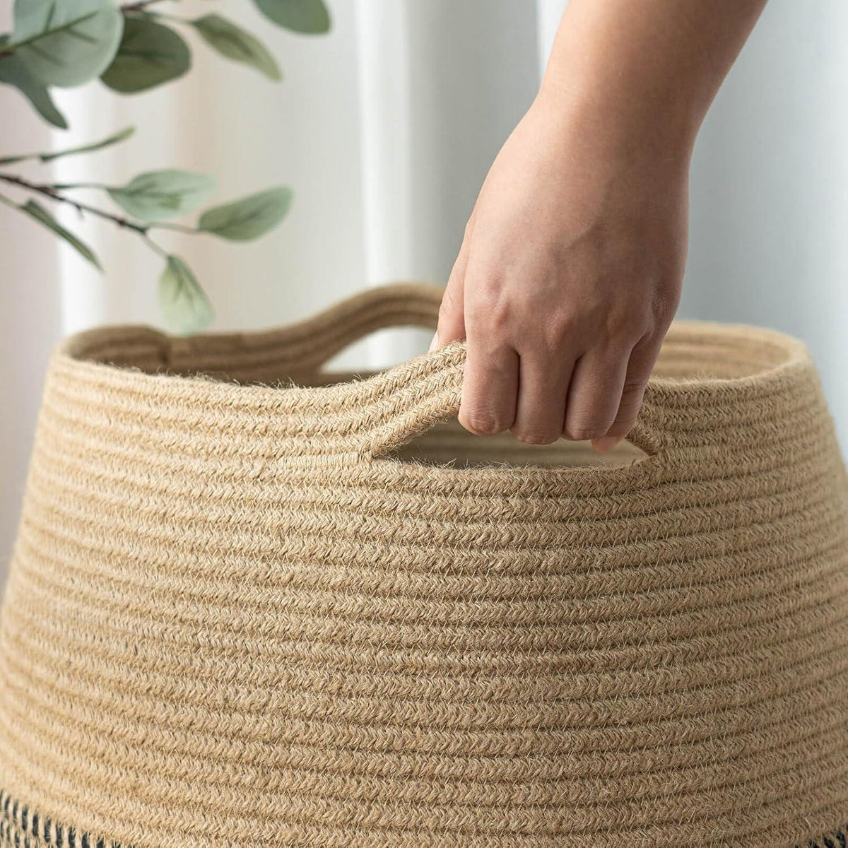 Großer Wäschekorb geflochten – Schwarz & Jute, 65cm hoch