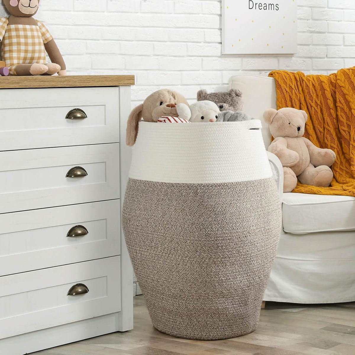 Großer Wäschekorb geflochten – 105L, Weiß & Braun