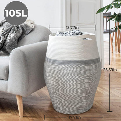 Wäschekorb geflochten, 65cm, Weiß & Grau – Großer Aufbewahrungskorb