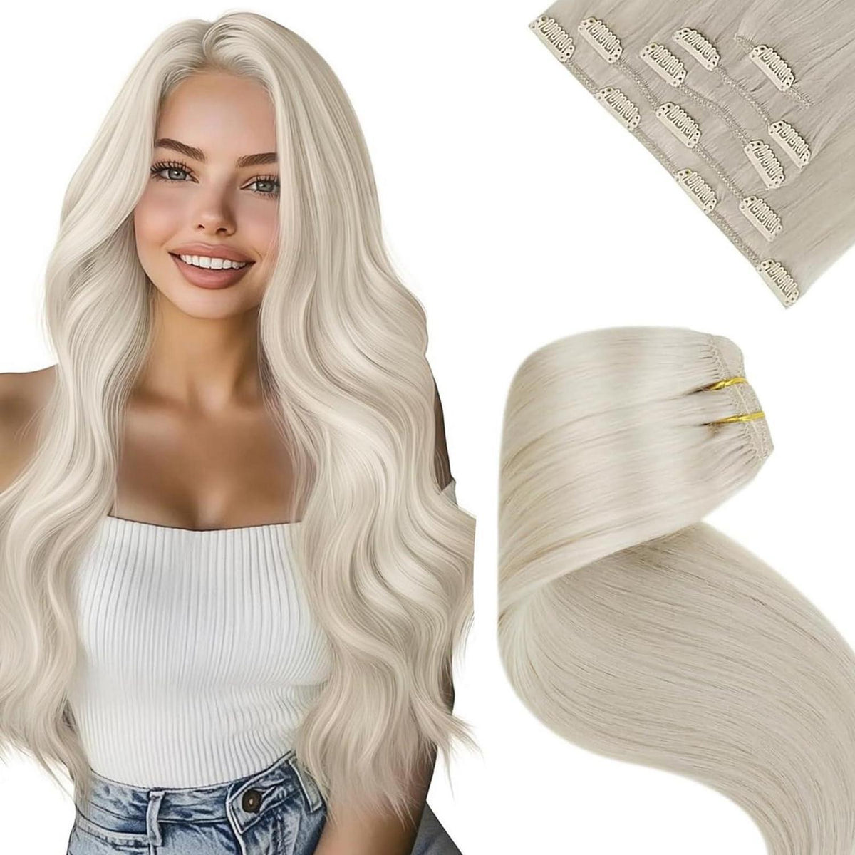 Echthaar Clip-in Extensions Platinblond 55cm
