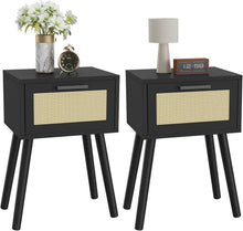 Rattan Nachttisch 2er Set mit Magnetschublade und Massivholzbeinen