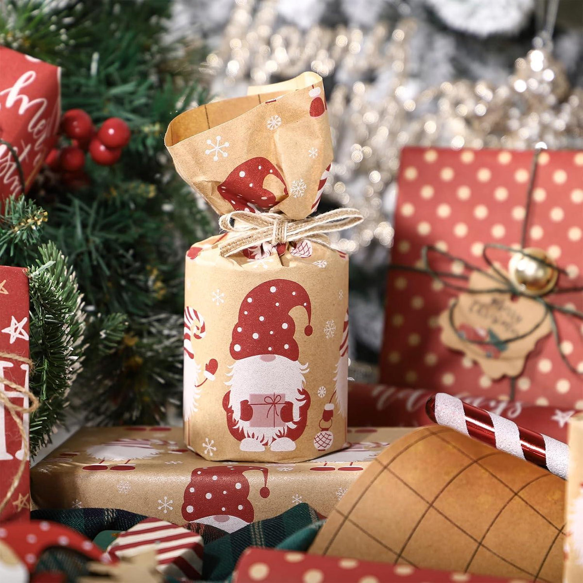 Weihnachts-Geschenkpapierrolle aus Kraftpapier, 3 Rollen, roter Zwerg