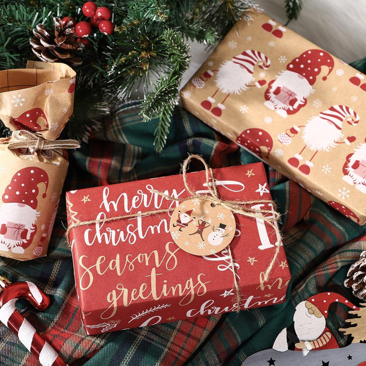 Weihnachts-Geschenkpapier 3 Rollen Kraftpapier 43,2x3 m rot Zwerg