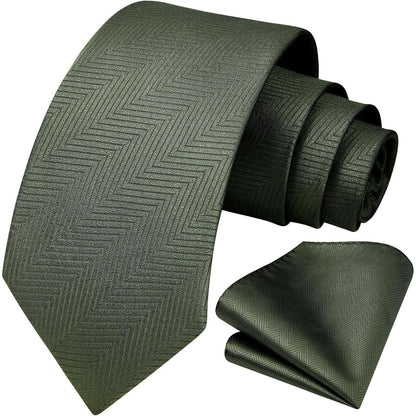 Herren Krawatten Set mit Einstecktuch, Olivgrün