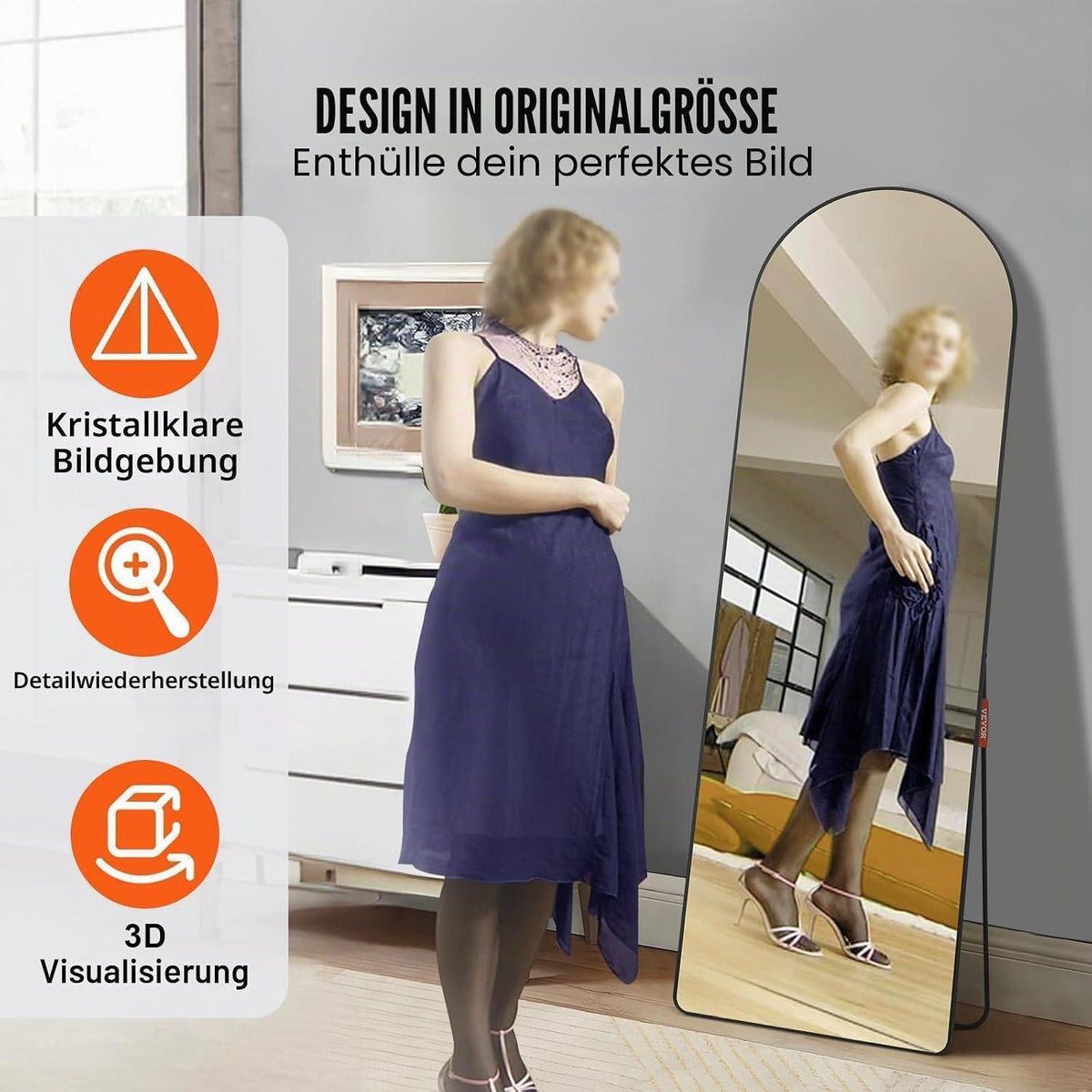 Gewölbter Standspiegel 165x55.8cm – Freistehend & Wandmontage