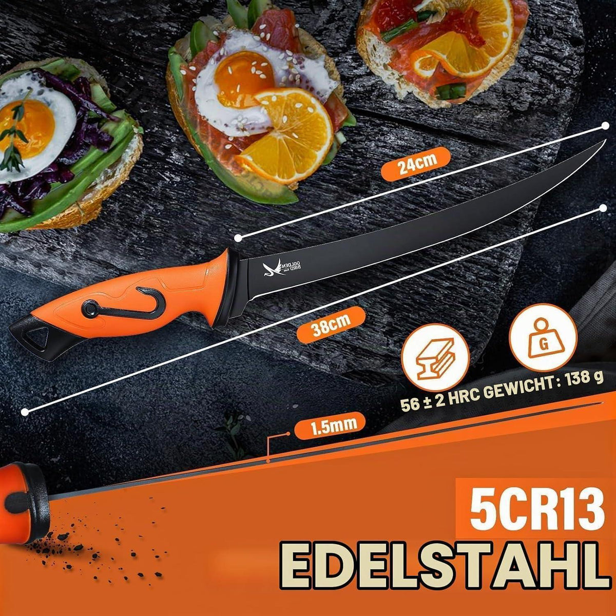 Fisch Filetiermesser 24cm | Ausbeinmesser Profi mit Scheide
