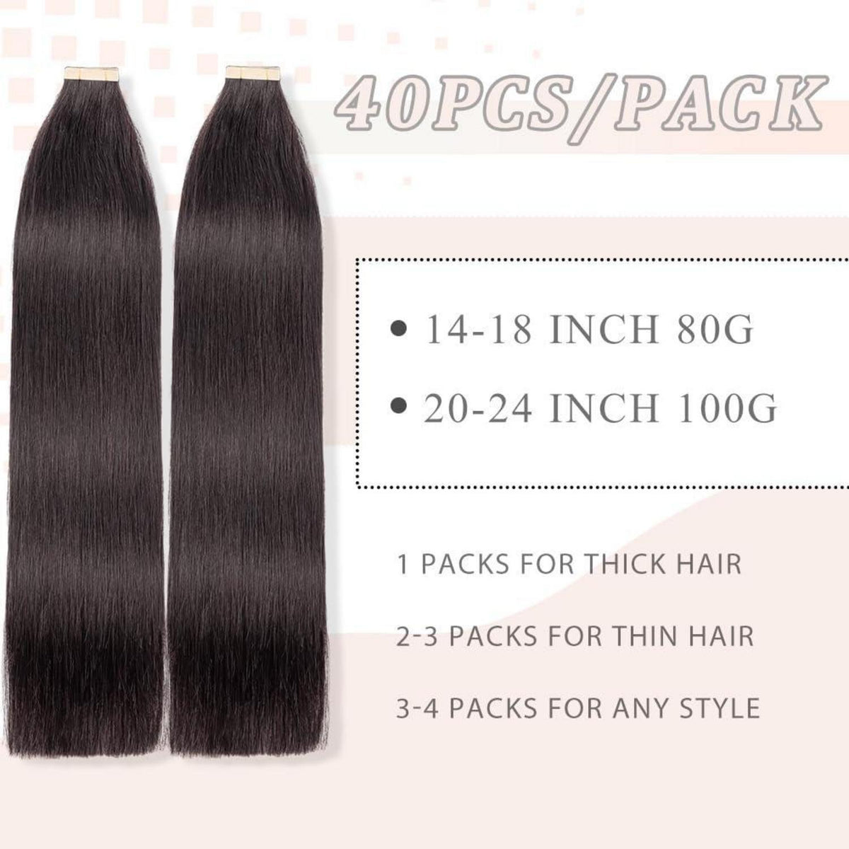 Echthaar Tape Extensions – 50cm, 100g, 1B# Schwarz