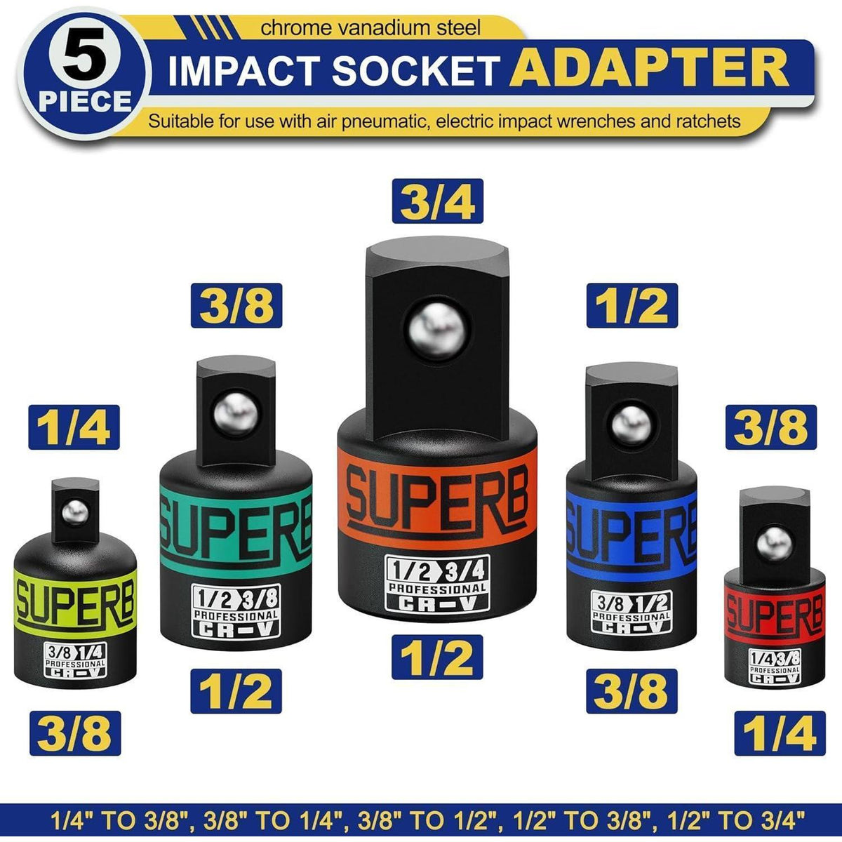 Stecknuss Adapter Set 5-teilig, Chrom-Vanadium-Stahl