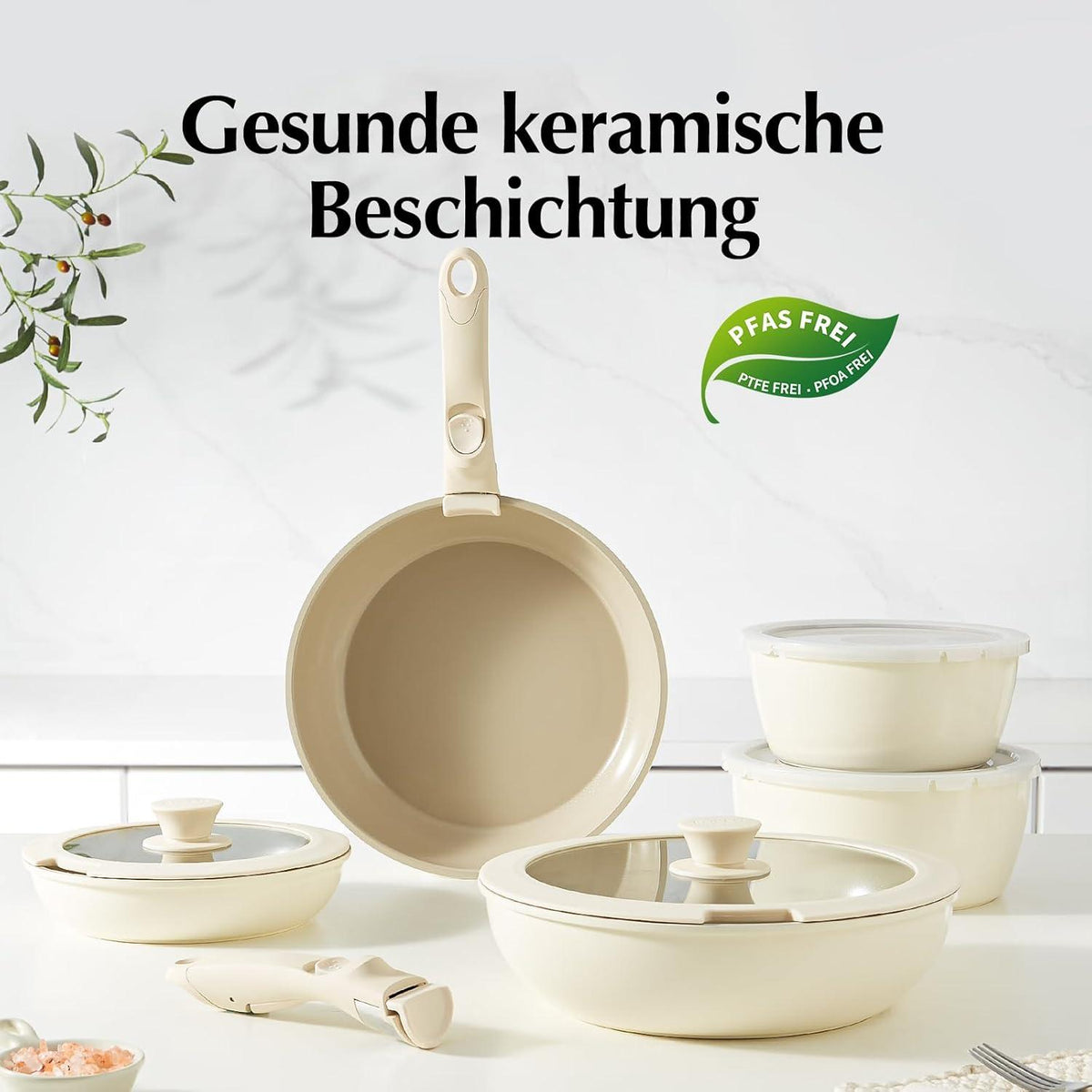 Redchef 16-teiliges Antihaft-Keramik-Kochgeschirr-Set mit abnehmbaren Griffen, Pfannenset und Topfset