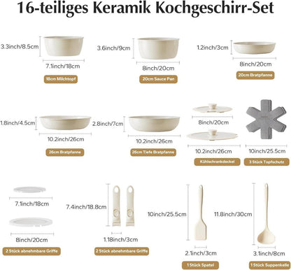 Topfsets Pfannenset 16-Teilig Antihaft-Keramik-Set abnehmbaren Griffen