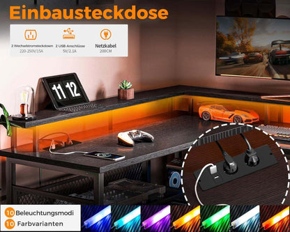 ODK Gaming Tisch LED Beleuchtung USB 2 Steckdosen 168x120cm