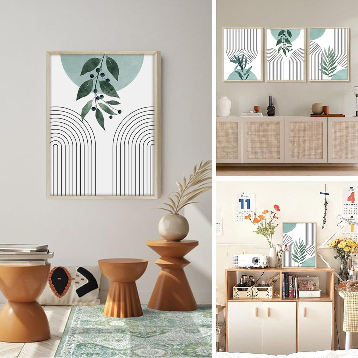 Salbeigrün Boho Bilder mit Holzrahmen – Wandkunst Pflanzen & Blätter