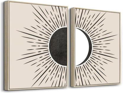 Moderne Sonne und Mond Boho Leinwandbilder Set mit Rahmen, abstrakte