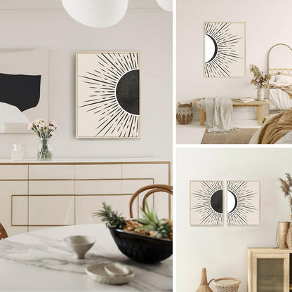Sonne Mond Boho Bilder Rahmen Holz Schwarz Beige Geometrie