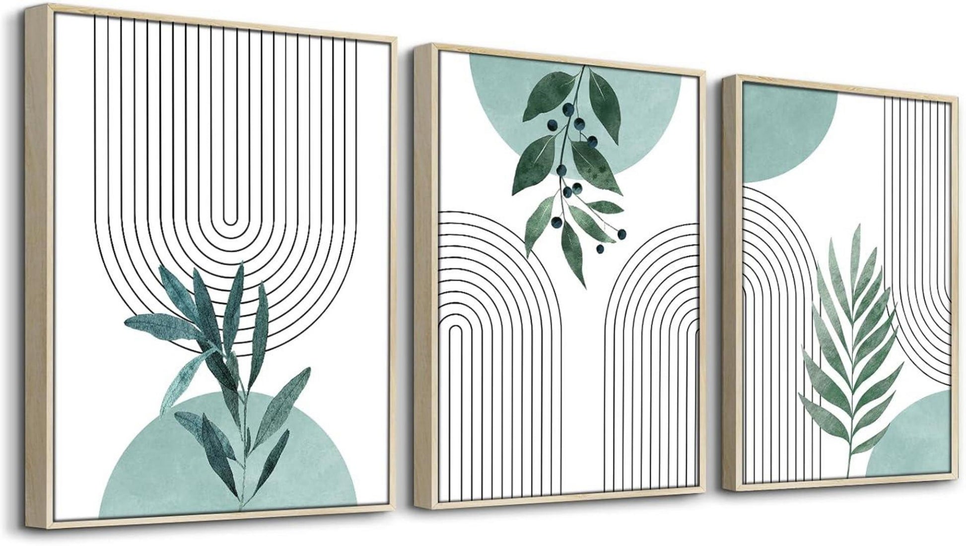 Salbeigrüne Blumen Linien Wandbilder Holzrahmen Nordisch Modern