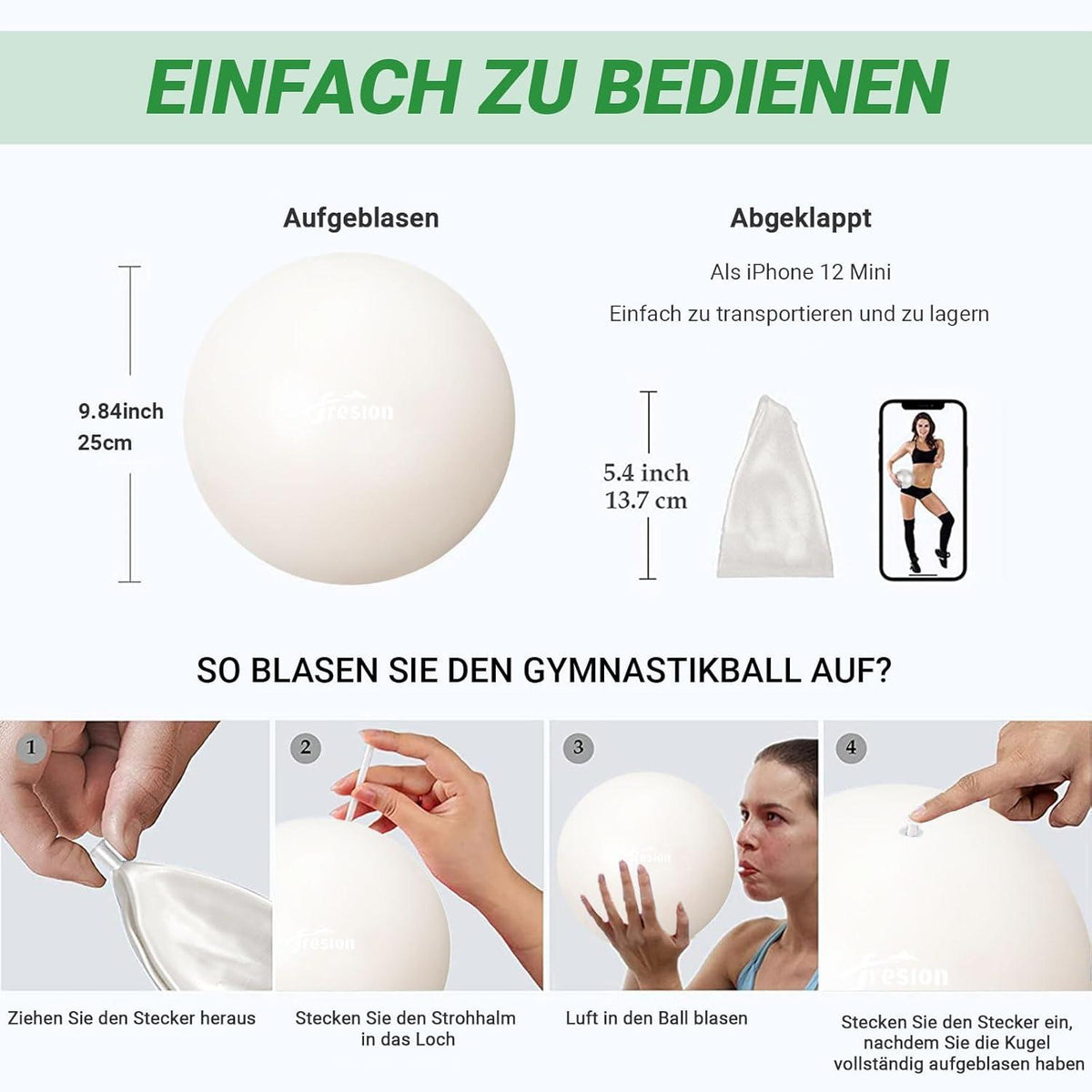 Fresion Anti-Burst Gymnastikball 25cm Weiß für Yoga und Fitness