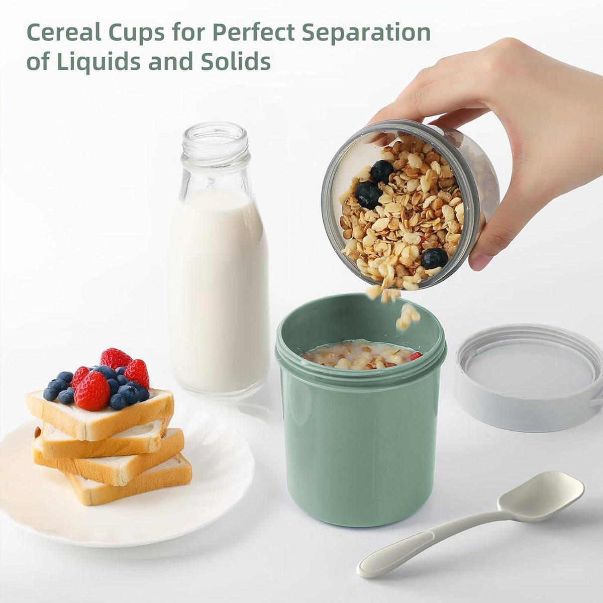 JSCORES Müslibecher to Go mit Löffel 560ml+310ml Joghurtbecher Unterwegs Morandi Grün