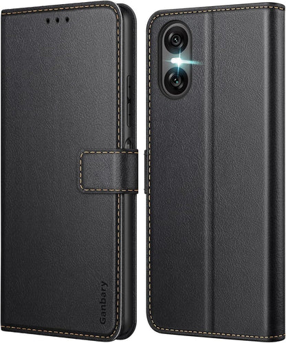 Handyhülle Sony Xperia 10 VI Leder Schwarz Kartenschlitze Magnet
