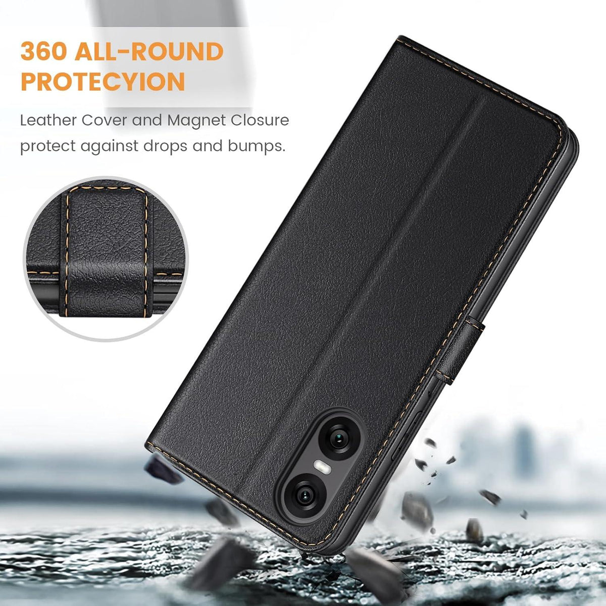 Sony Xperia 10 VI Hülle - Premium Leder Klapphülle Schwarz Magnet Stand