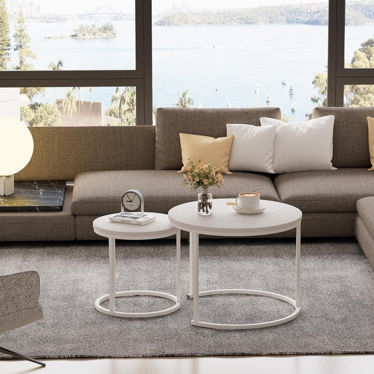 Runde Beistelltische Set Metallrahmen Wohnzimmer Schlafzimmer Büro 60 cm weißer Rahmen weiße Oberseite