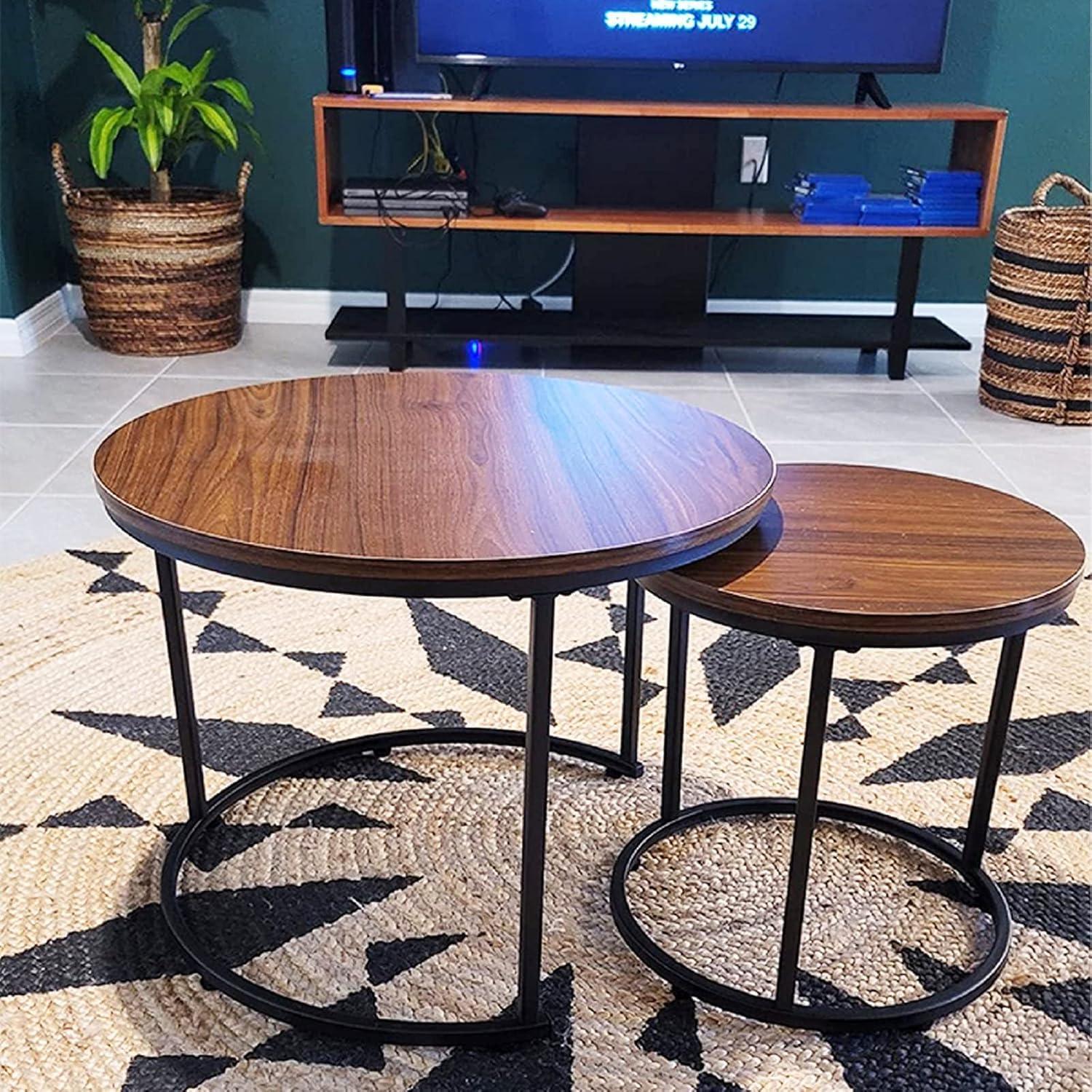 Huhote 2er-Set Runde Couchtische mit Metallrahmen, Schwarz/Braun