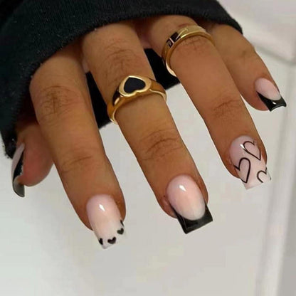 Französische Press On Nails mit Herz – 24 Stück Schwarz Weiß