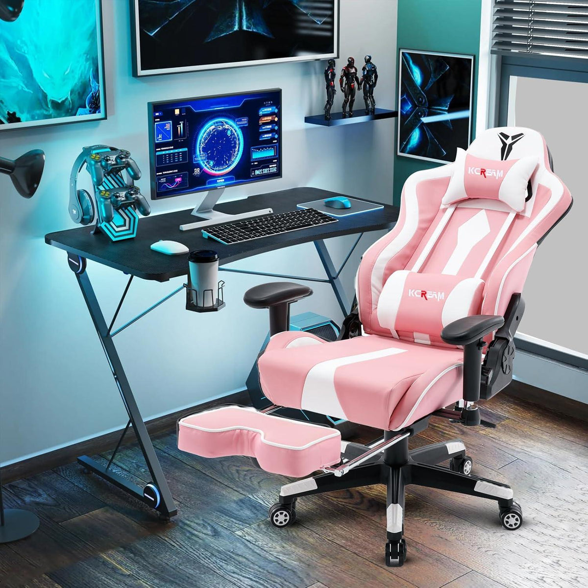 Gaming Stuhl Rosa mit Fußstütze 150kg Belastbarkeit