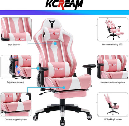 Gaming Stuhl KCREAM Hohe Rückenlehne Fußstütze 150kg PU Leder Rosa