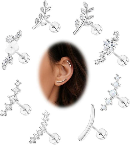 Piercing Helix Set 9 Stück Chirurgenstahl Ohrschmuck Silber Opal CZ