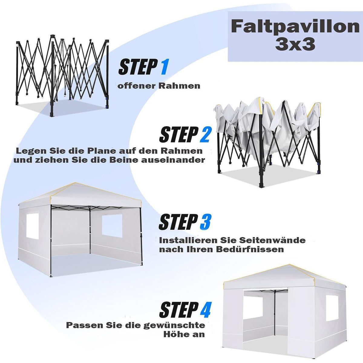 3x3m Faltpavillon Wasserdicht mit Seitenteilen – UV-Schutz 50+