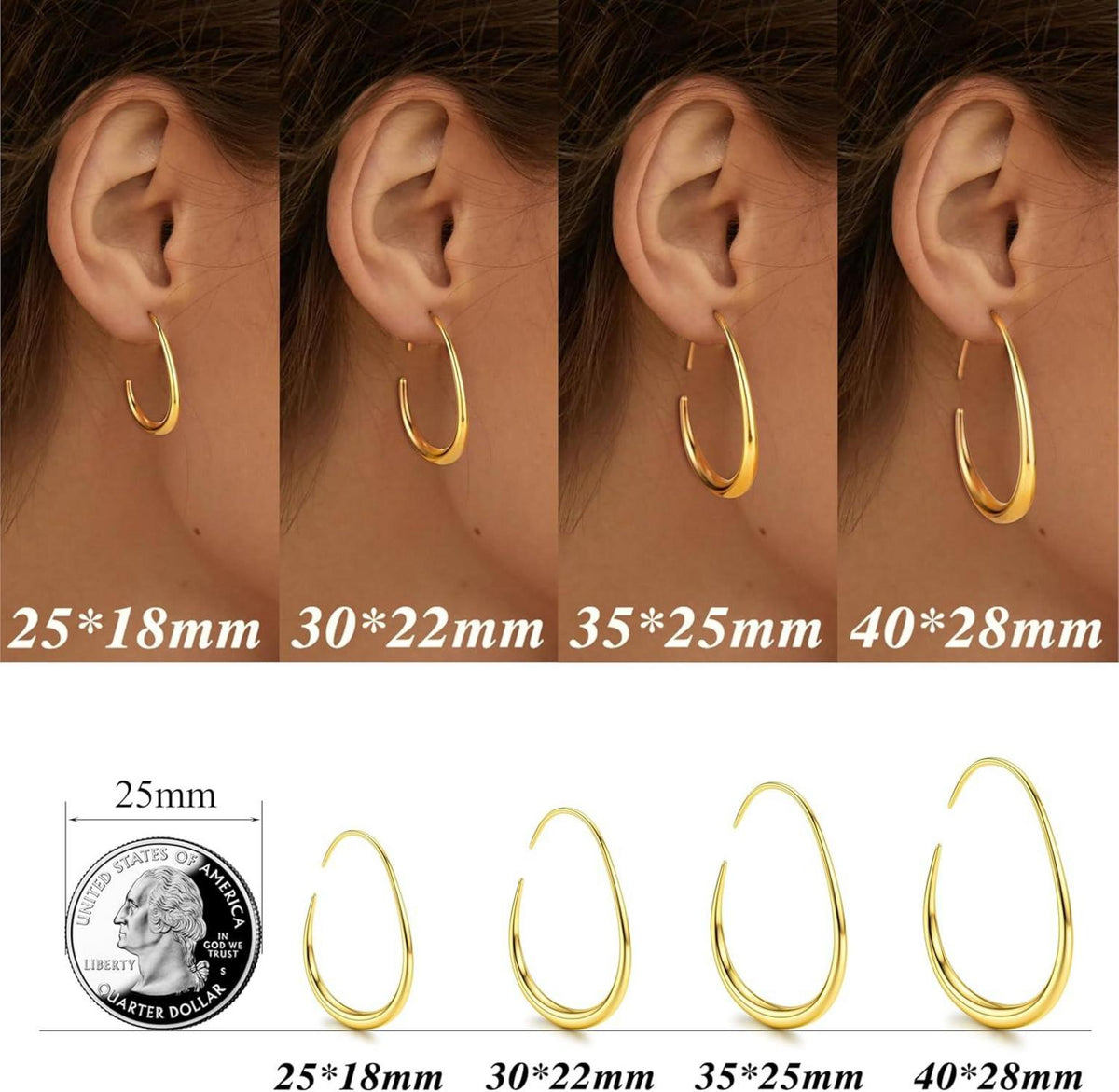 Ovale Edelstahl Creolen Damen Ohrringe 18K Gold Rosegold Weißgold