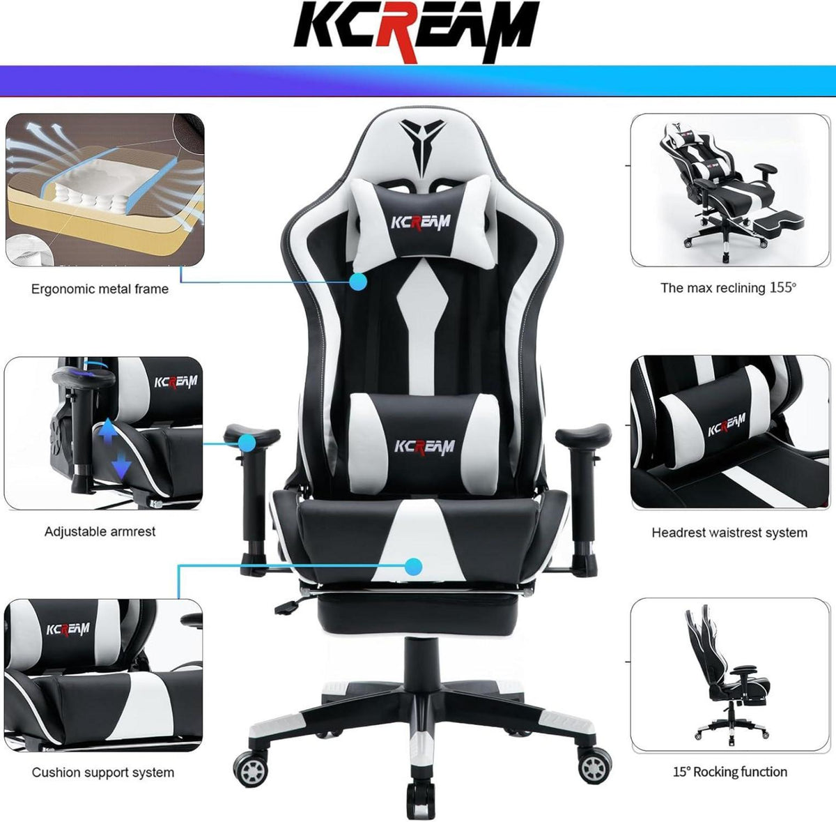 Ergonomischer Gaming Stuhl mit Fußstütze und
