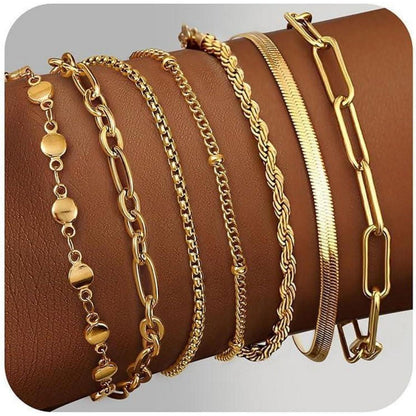 Damen Armband Set 7er Edelstahl Kettenarmbänder Vergoldet