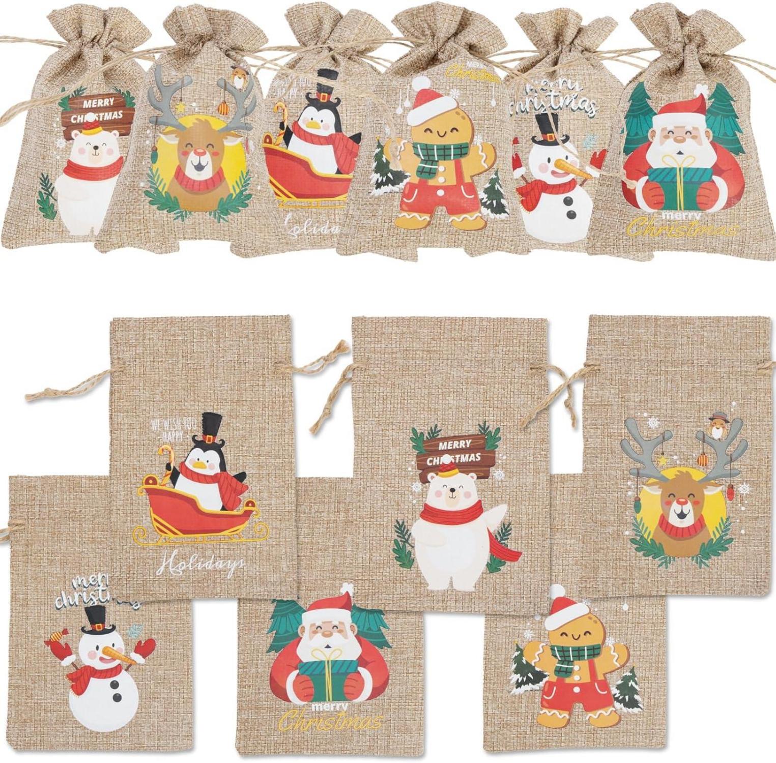 12er Set Weihnachts-Burlap-Jute-Geschenktüten mit Zugbändern