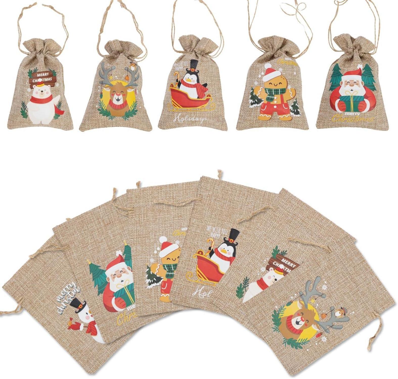 12er Set Weihnachts-Burlap-Jute-Geschenktüten mit Zugbändern