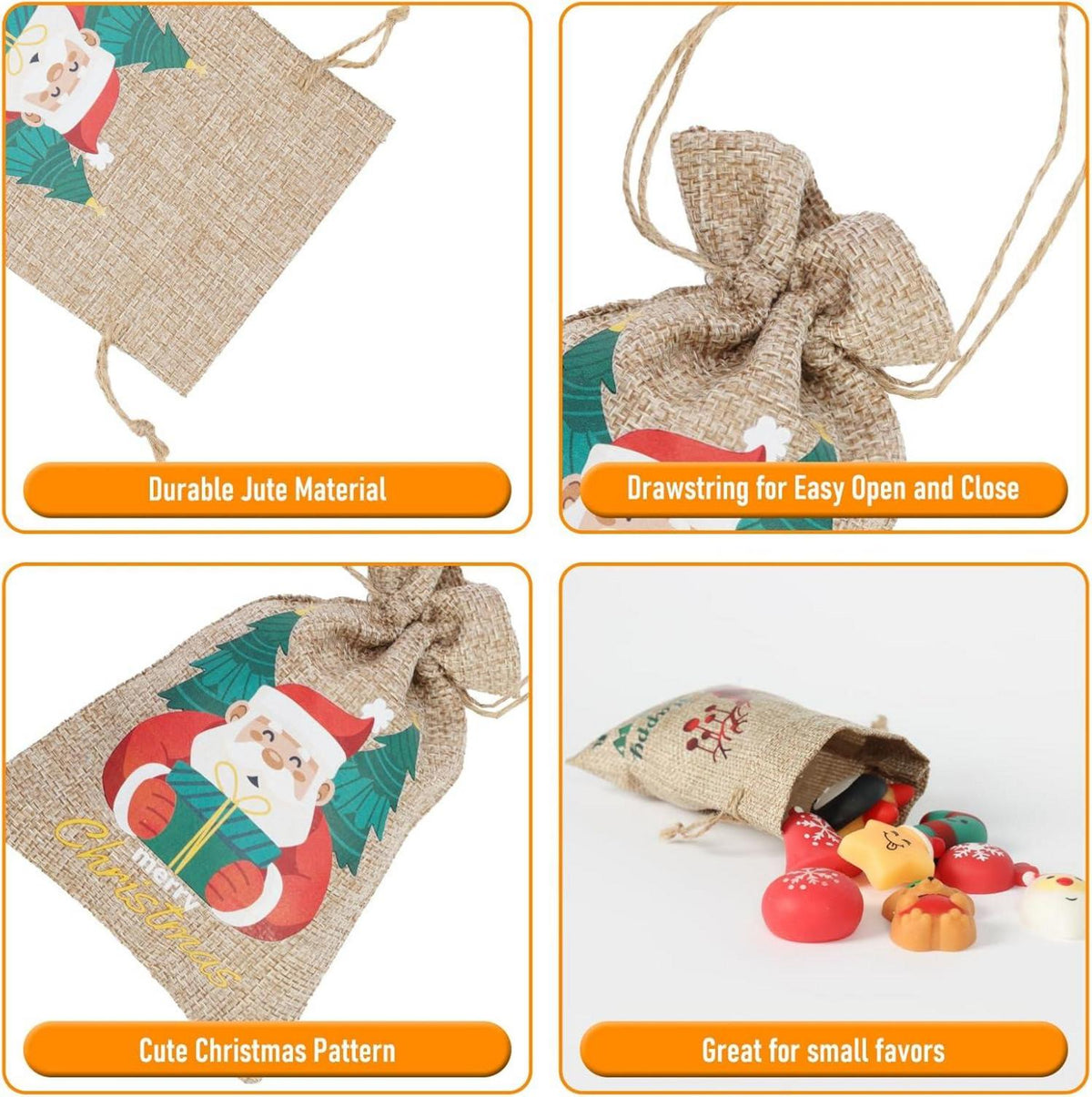 12x Weihnachts-Jute-Geschenktüten Zugbändern Weihnachtsmuster